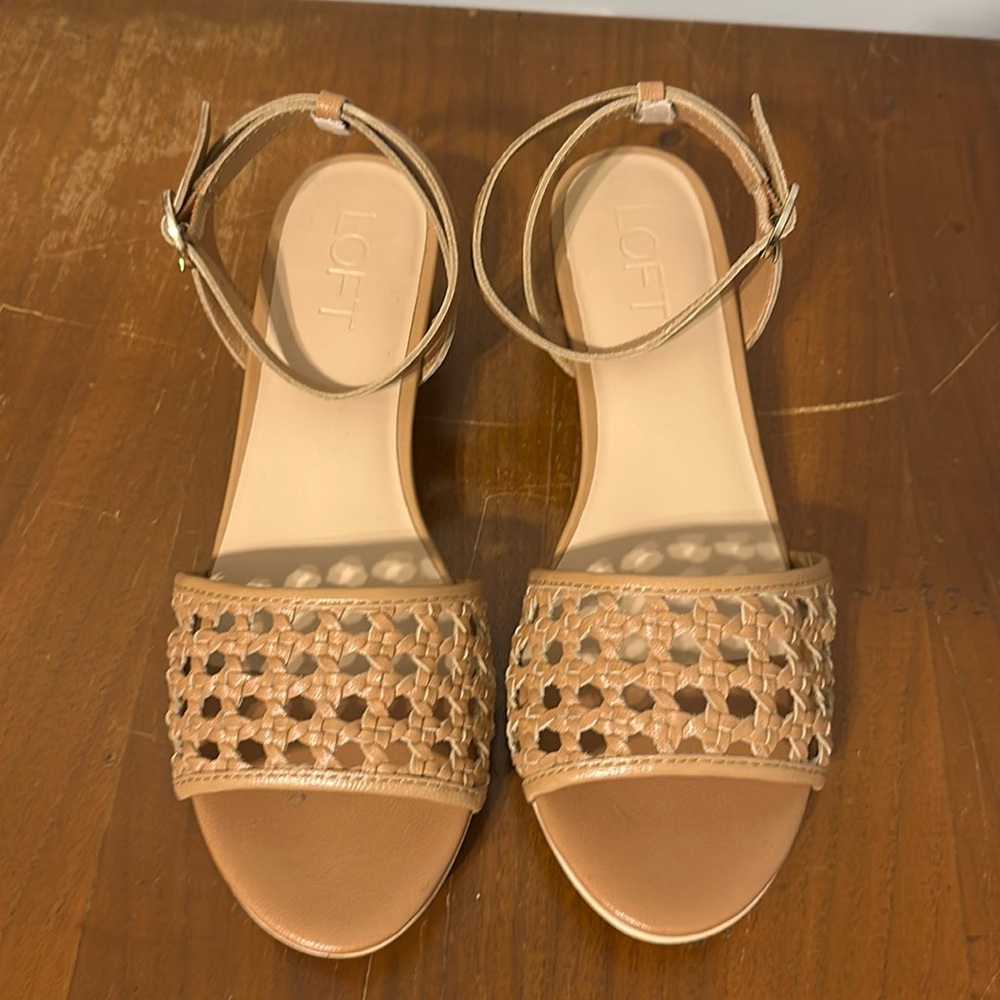 Loft woven leather ankle strap block heel, 6.5